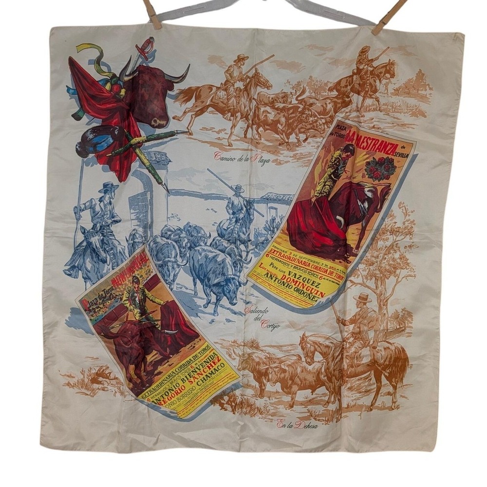 Vintage 70s Spanish Bullfight Corrida de Toros Souvenir Scarf Spain Bull Fighter